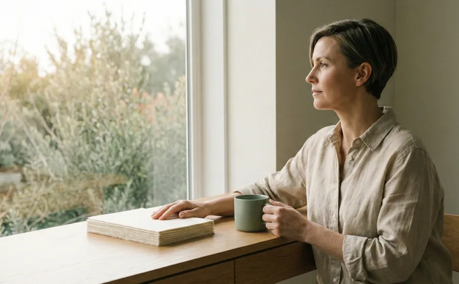 Frau am Schreibtisch blickt ruhig aus dem Fenster